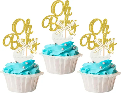 Miniatura 14 de Paquete de 24 adornos para cupcakes para niños o niñas, con purpurina rosa y azul, palillos para cupcakes de baby shower, corbatín, mameluco, mono