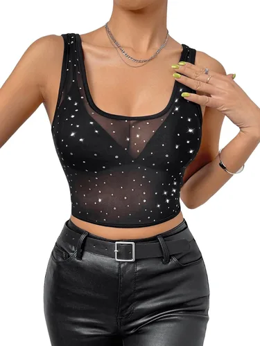 Miniatura 5 de Floerns Camiseta corta sin mangas de malla transparente con cuello redondo y diamantes de imitación para mujer