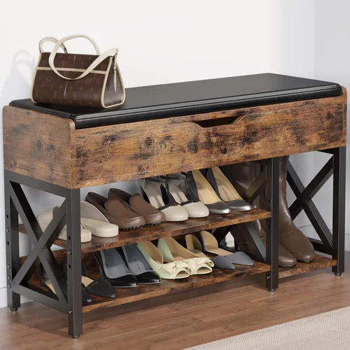 Miniatura 8 de Shoe Bench, Lift Top Shoe Storage Bench, Adjustable Shelf Entryway Bench with Padded Cushion for Entry, Closet, Living Room, Hallway, 2-Tier Shoe