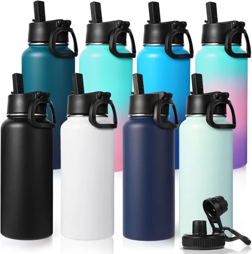 Miniatura 47 de Neihepal Botella de agua aislada de 32 onzas con 2 tapas (tapa con pajilla y boquilla), botellas de agua de doble pared de acero inoxidable 18/8