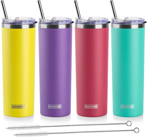 Miniatura 34 de Koodee - Vaso delgado de acero inoxidable de 20 onzas (4 unidades) aislado con doble pared, vaso de agua con 4 tapas, 4 popotes y 2 cepillos
