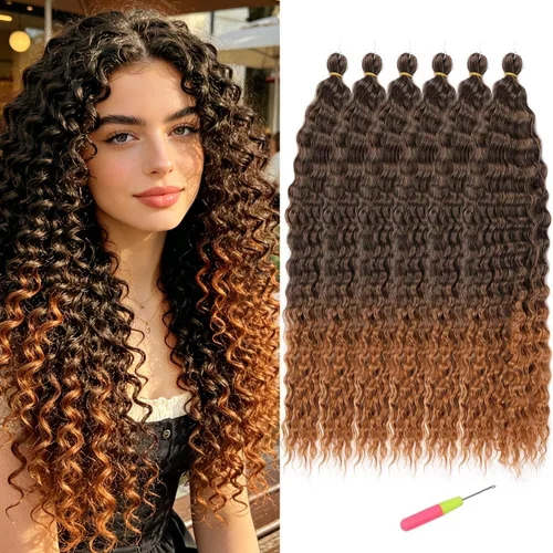 Miniatura 11 de Extensiones de cabello ondulado con ganchillo Ocean Wave de 18 pulgadas, 6 paquetes, extensiones de cabello de ganchillo sueltas de onda profunda #1B