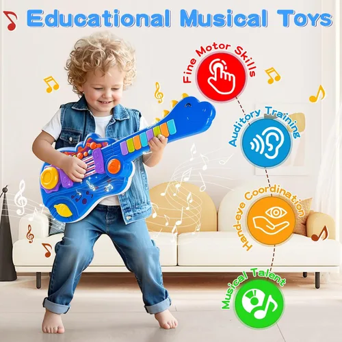 Miniatura 3 de Guitarra de dinosaurio para niños, instrumentos musicales 2 en 1, para regalos de niños y niñas de 3, 4 y 5 años, guitarra eléctrica para niños