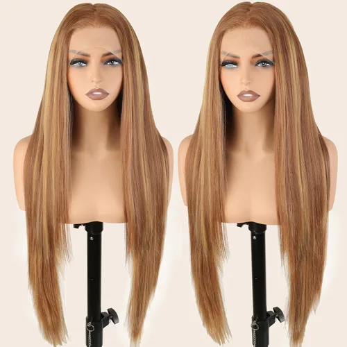 Miniatura 12 de SOKU 40" Super Long Straight Lace Front Wigs,13x6 Transparent Swiss Synthetic Lace Wig Pre Plucked,Natural Black Glueless Lace Front Wigs with Baby