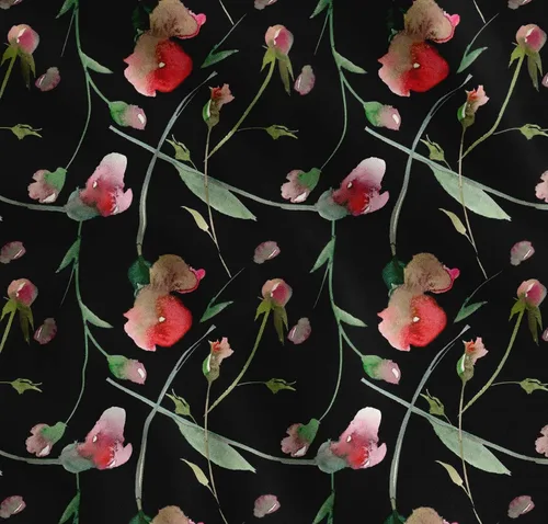 Soimoi The Yard - Tela de algodón negro de cambric - 42 pulgadas de ancho - Sweet Pea & Leaves Watercolor Haven Textile - Fusión suave y caprichosa