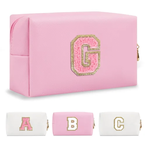 Miniatura 198 de Pequeña bolsa de maquillaje personalizada con inicial A-Z Preppy Patch, bolsa de cosméticos de viaje de felpilla blanca con cremallera, bonita bolsa