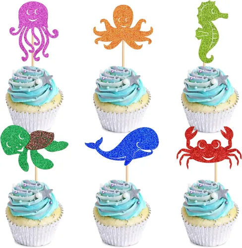 Miniatura 13 de 40 piezas comestibles bajo el mar, sirena, cupcakes, algas, pulpos, estrellas de mar, cupcakes, lindos animales del océano, selecciones de alimentos