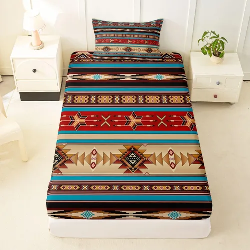 Miniatura 39 de Juego de ropa de cama de estilo bohemio occidental, tamaño individual, diseño de vaca atrapasueños, sábana bajera ajustable del suroeste, tribu