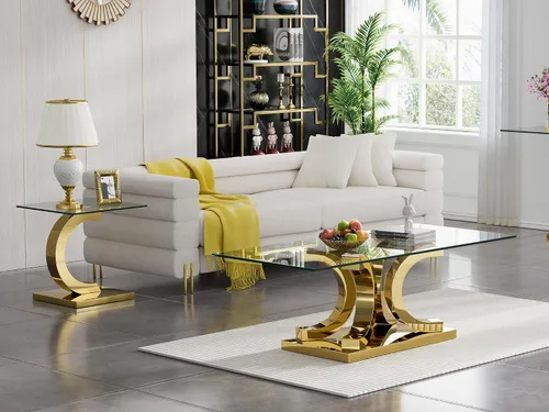 Miniatura 167 de Mesa de centro de cristal de lujo, mesa de centro de sofá de 47 pulgadas con marco de acero inoxidable dorado y parte superior de vidrio negro, mesa
