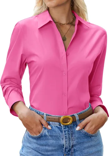 Miniatura 21 de siliteelon Camisa con botones para mujer: camisa de vestir con cuello de manga larga de algodón con botones, blusa de trabajo y oficina