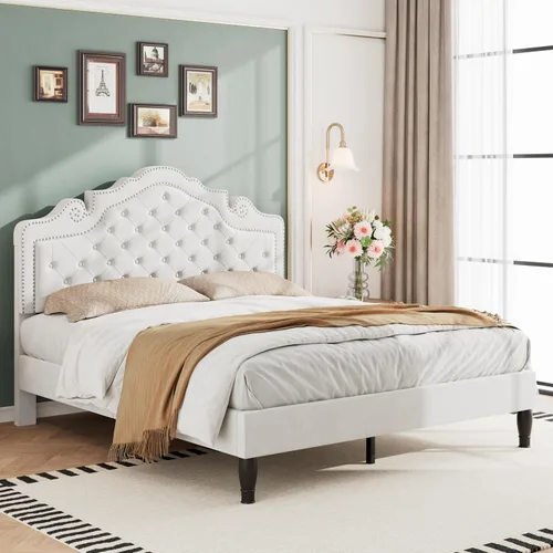 Miniatura 13 de WEEWAY Base de cama de plataforma de tamaño matrimonial con tiara ajustable de terciopelo, cabecero curvado y alta resistencia, botón tapizado
