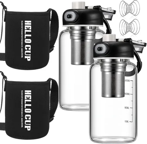 Jingmore 2 botellas de agua de vidrio, vaso agitador de 27 onzas con bola de acero inoxidable 304, filtro y funda para copa, tazas a prueba de fugas