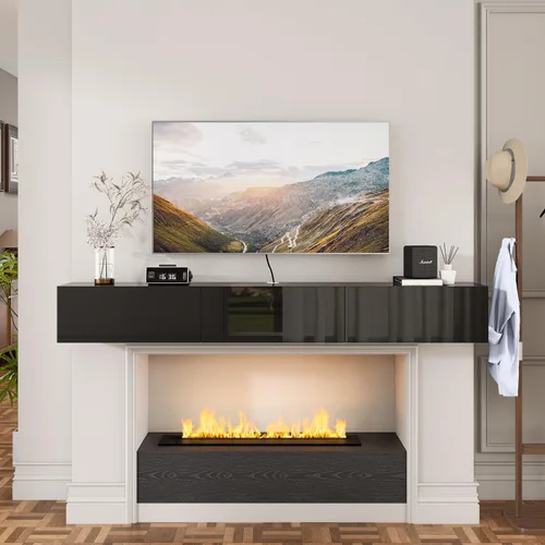 Miniatura 6 de FurniNova Soporte flotante para TV con 3 puertas, moderno mueble flotante para consola de TV con almacenamiento, estante flotante de madera Negro