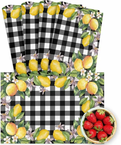 Miniatura 8 de Juego de 4 manteles individuales de verano con diseño de limón, lavables, de PVC, color negro y blanco, a cuadros amarillos, manteles individuales