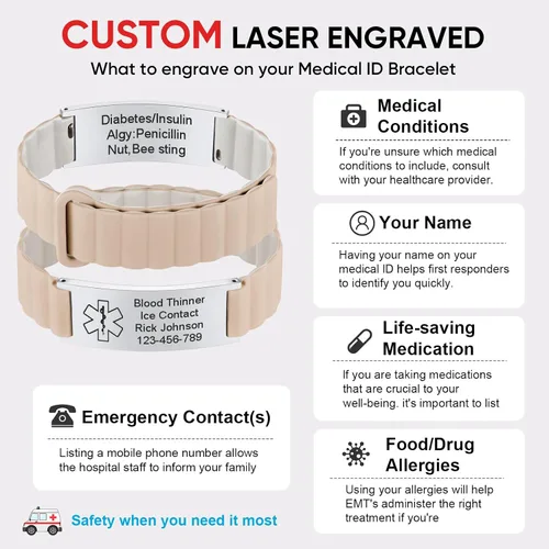 Miniatura 7 de Cómoda pulsera de identificación médica para hombres y mujeres, correa de silicona grabada personalizada, ajuste cómodo, pulseras de alerta médica