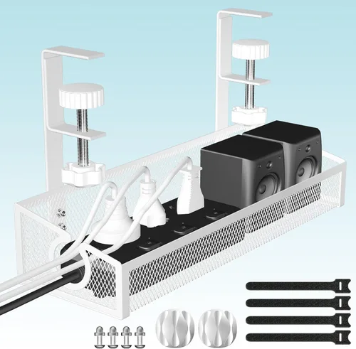Miniatura 9 de Bandeja de gestión de cables para debajo del escritorio en negro, organizador de cables y alambres de escritorio sin necesidad de perforación