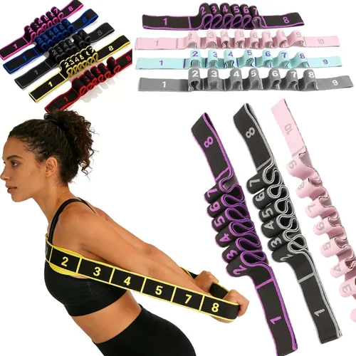 Miniatura 12 de Banda de resistencia de fitness para estiramiento y yoga, banda de resistencia de yoga ajustable de 8 segmentos con asas para brazos, ejercicio