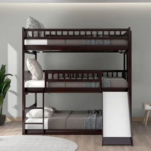 Miniatura 5 de Harper & Bright Designs Literas triples con tobogán, 3 literas de tamaño matrimonial sobre cama matrimonial sobre cama matrimonial, cama triple