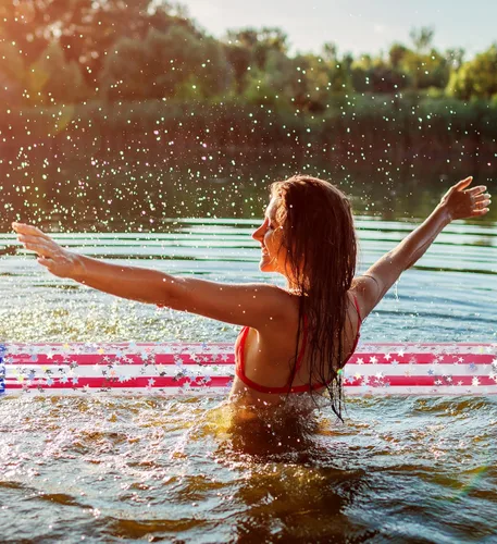 Miniatura 5 de POZA Flotador inflable de piscina de Estados Unidos – Lujosa tumbona divertida llena de confeti de estrellas plateadas brillantes, diseño de bandera