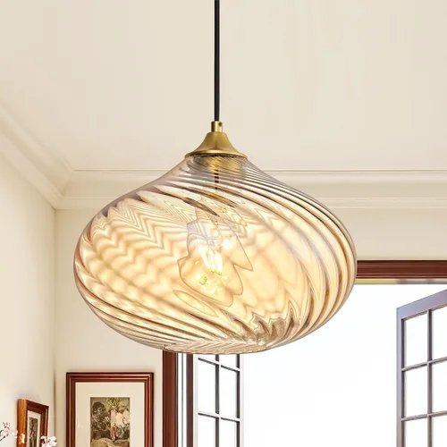 Miniatura 16 de Glass Pendant Lights Kitchen Island, 11'' Brass Gold Pendant Lighting Fixtures, Modern Hanging Ceiling Light with Striped Clear Glass Shade for