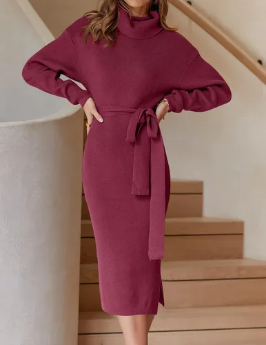 Miniatura 50 de ZESICA - Vestido por debajo de la rodilla de suéter, de cuello alto, para mujer, de manga larga, de punto acanalado, con abertura y cinturón