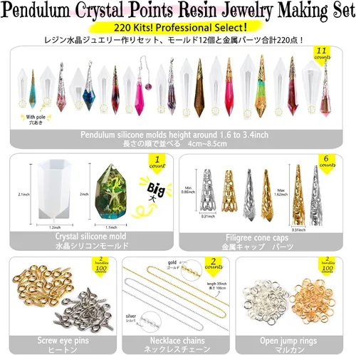 Miniatura 2 de Moldes de silicona de resina de punta de cristal de péndulo de 12 unidades de fundición de joyería de 220 kits Set de tapas de cono de filigrana