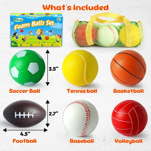 Miniatura 2 de Billeeit Juego de Mini Pelotas Deportivas para Niños Pequeños de 1-3 Años, Bolsa Deportiva para Niños, Incluye 1 de Cada Una: Fútbol de Espuma