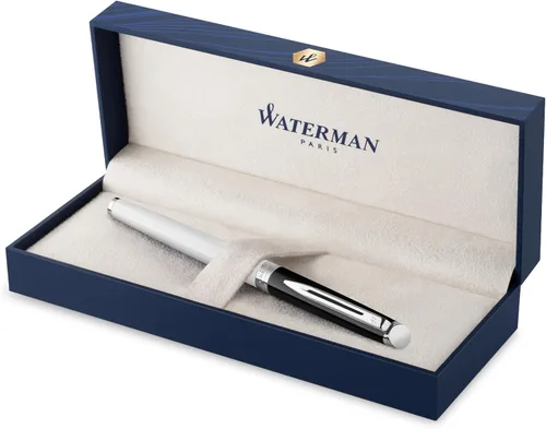 Waterman Hémisphère - Bolígrafo, laca negra y blanca con borde recubierto de paladio, punta fina, tinta negra, caja de regalo - Elegantes elementos