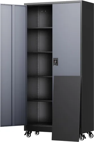 Miniatura 11 de Yizosh Armario de almacenamiento de metal para garaje con 2 puertas y 5 estantes ajustables, gabinete de archivo de acero con cerradura de 71