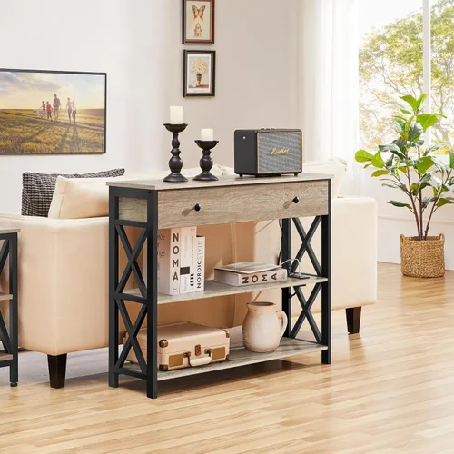 Miniatura 2 de Yaheetech Soporte de TV con tomas de corriente, centro de entretenimiento con cajón, mesa consola multimedia para TV de hasta 45 pulgadas con Gris