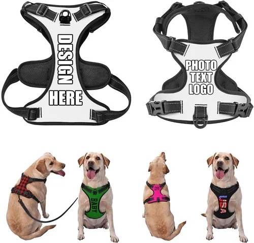 Miniatura 25 de Arnés para perro personalizado con nombre y número de teléfono, chaleco personalizado para perro, arnés reflectante ajustable para mascotas, beige, S