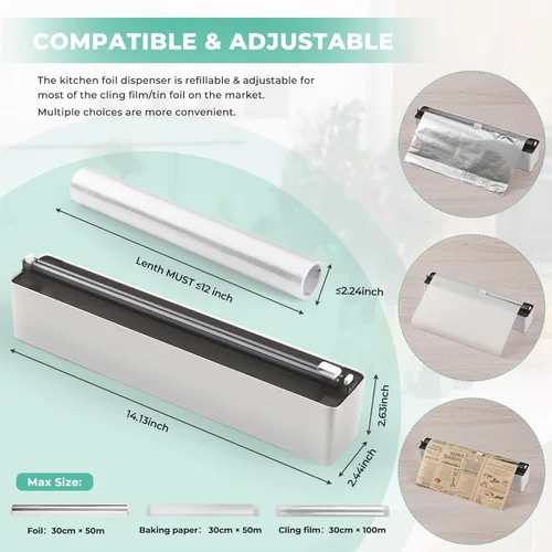 Miniatura 4 de Dispensador magnético de envoltura de plástico con cortador, práctico organizador de papel de aluminio recargable y envoltura de plástico
