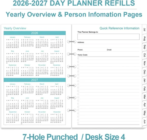 Miniatura 4 de Recambios de agenda 2026-2027, agenda diaria y mensual de una página por día, julio de 2026 a junio de 2027, 7 agujeros perforados, priorizada
