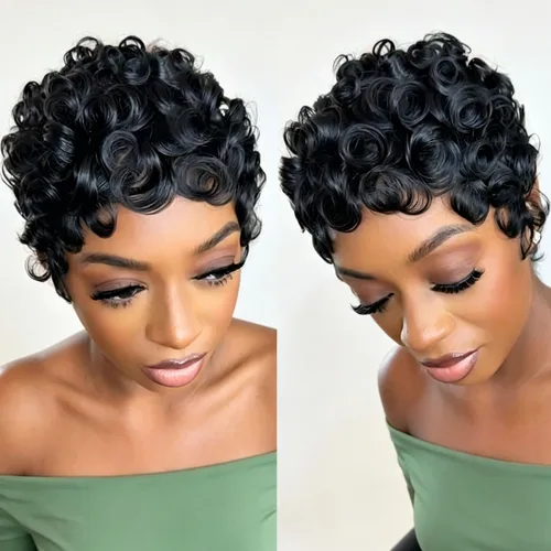 MOONSHOW - Pelucas cortas de corte pixie para mujeres negras, pelucas naturales de corte pixie color negro con flequillo, pelucas cortas rizadas