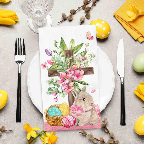 Miniatura 3 de Whaline 80 hojas de servilletas de papel desechables de Pascua con diseño floral de huevo de conejo, flores, cena, servilletas de mano