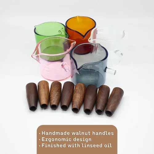 Miniatura 3 de Vaso de chupito color ámbar de 3.5 onzas, doble boquilla con mango de nogal americano, taza medidora de vidrio de doble boquilla, jarra de espuma