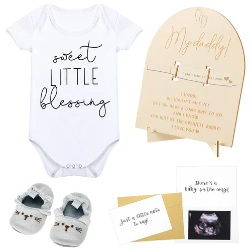 Berlune Juego de 6 anuncios de embarazo para papá, bebé, zapatos de bebé, letrero de madera para embarazo, tarjeta de revelación, sobre sorpresa,
