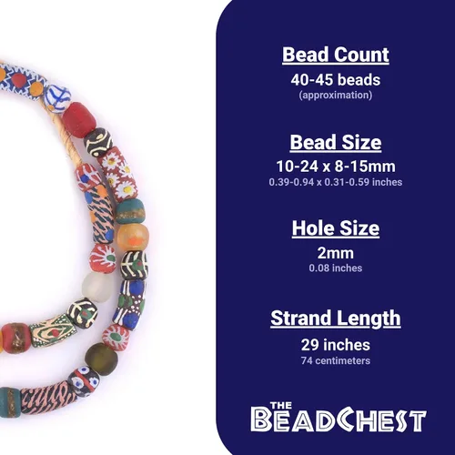 Miniatura 4 de The Bead Chest Cuentas Krobo africanas pintadas, hebra completa de cuentas de vidrio tribales ghanesas para hacer collares o joyas (mezcla de casa)