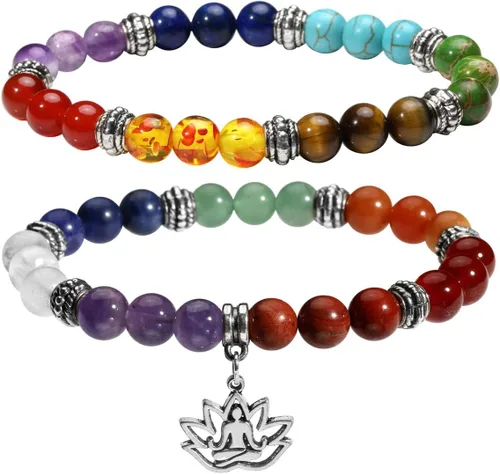 Miniatura 15 de Eigso Pulsera elástica de piedra de cristal de meditación curativa de 7 chakras para mujer con símbolo de loto, yoga, árbol, OM