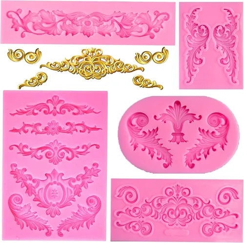 Rainmae 5 moldes de silicona de estilo barroco para fondant de encaje de voluta, molde de encaje de flores de alivio, molde de filigrana esculpido