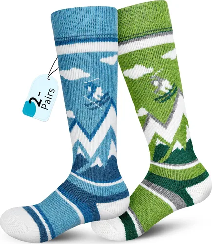 unenow Calcetines de esquí de lana merino para niños, 2 pares, calcetines térmicos cálidos de invierno para niños y niñas pequeños