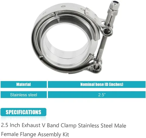 Miniatura 3 de Abrazadera de banda en V de escape de 2,5 pulgadas con conjunto de brida macho hembra para turbo, bajantes, sistemas de escape de acero inoxidable 2