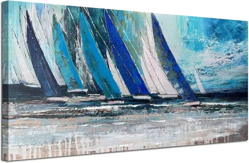 Miniatura 16 de Arjun Pintura de paisaje, puesta de sol, montaña, lago, lienzo, arte de pared, enmarcado grande, 40 x 20 pulgadas, azul suave, cálido, sereno