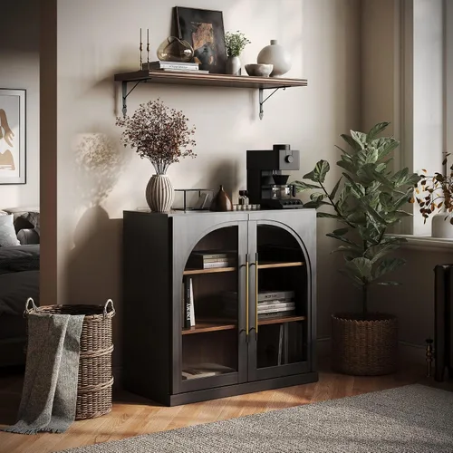 Miniatura 24 de BELLEZE Aparador Modular Acanalado Buffet con Almacenamiento, Mesa Consola Moderna de Mediados de Siglo con Puertas Arqueadas Simétricas, Elegante