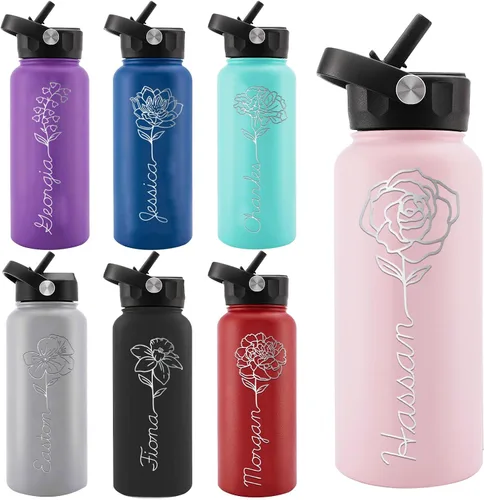 Miniatura 29 de Personalized Water Bottles, Custom Water Bottle with Birth Month Flower Personalized Text Names, Gifts for Women, Customized Engraved Stainless