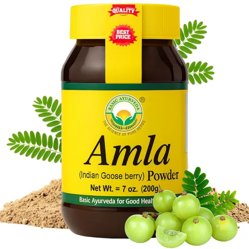 BASIC AYURVEDA Amla Powder | 7.05 oz (200g) | Grosella espinosa india 100% cruda y natural (Amalaki) para cabello, piel e inmunidad | Sin aditivos |