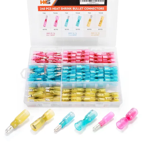 Miniatura 8 de HKS 100 conectores de bala hembra termorretráctiles – 22-16 AWG rojo – Terminales de engarce de cobre estañado – impermeables y aislados