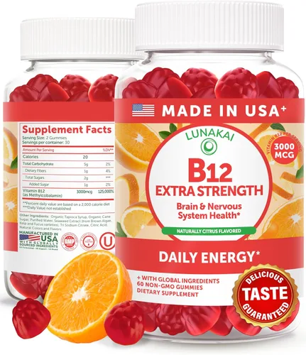 Lunakai Gomitas de vitamina B12 extra fuertes de 3000 mcg, hechas en Estados Unidos, delicioso apoyo diario de energía y metabolismo, suplemento