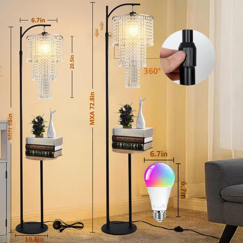 Miniatura 5 de Lámpara de pie de arco con mesa y estantes, lámparas de pie de cristal para sala de estar, regulable, elegante, moderna, LED, lámpara de pie