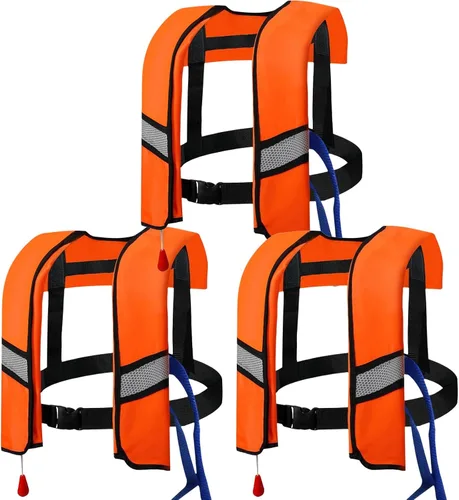 Miniatura 8 de Paquete de 3 chalecos salvavidas inflables automáticos 150N – Chaleco de natación de nailon ajustable con inflado de CO2, tiras reflectantes y Azul